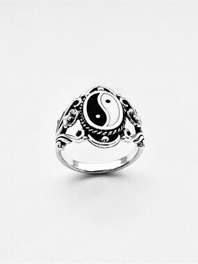 Sterling Silver Statement Yin Yang Ring with Flower, Yoga Rings, Balance of Life